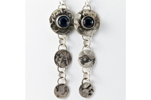 Silver Etched Earrings with Blue Stone